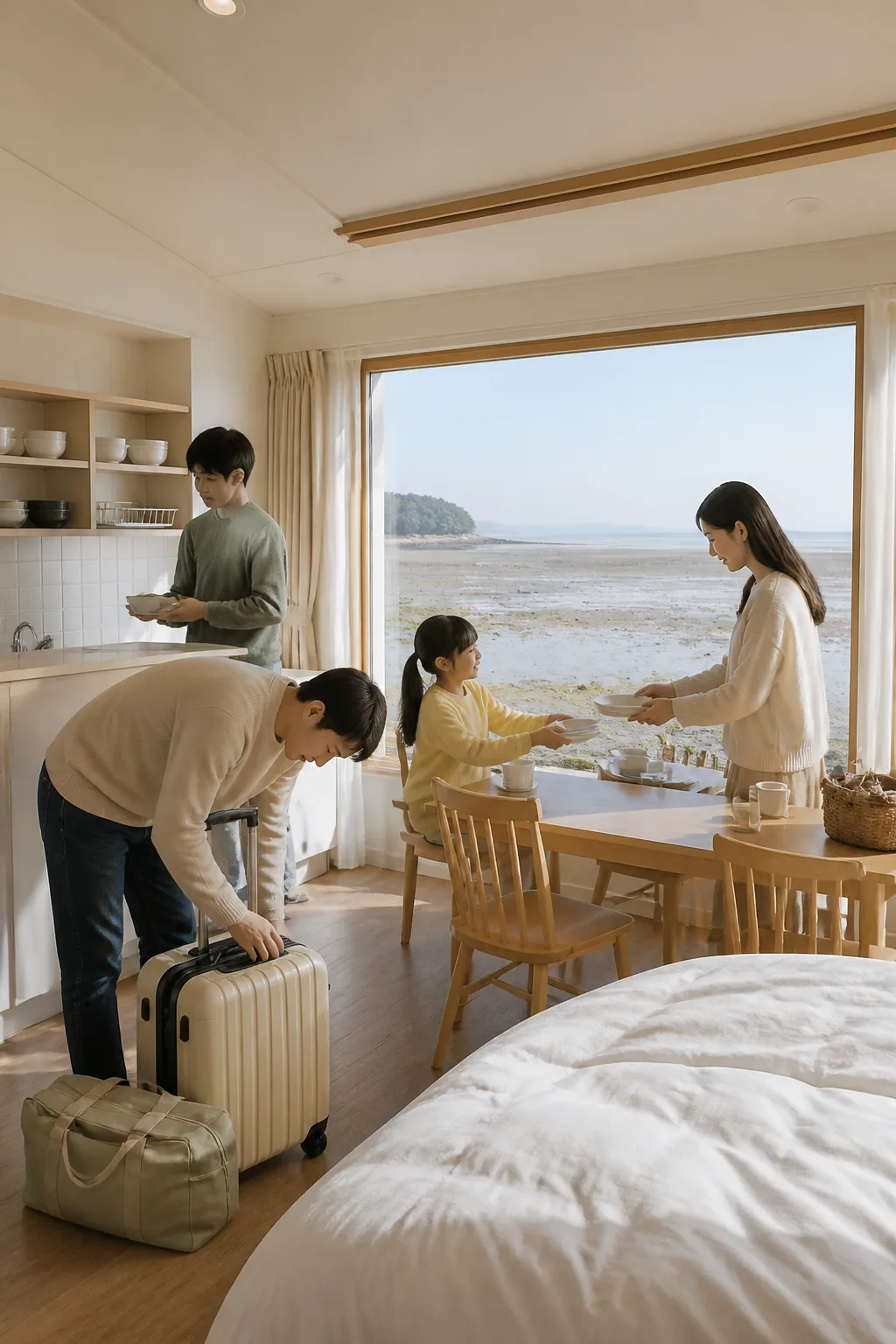 부안펜션에서 해안 산책 후 짐과 주방을 정리하는 여행객