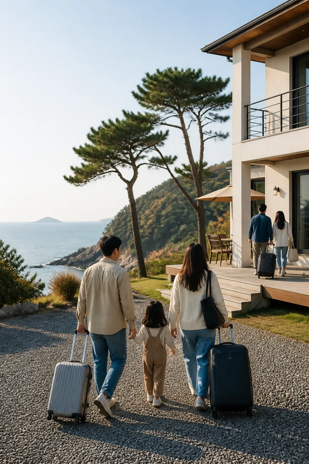 해안 풍경과 펜션이 함께 보이는 부안펜션 여행 장면