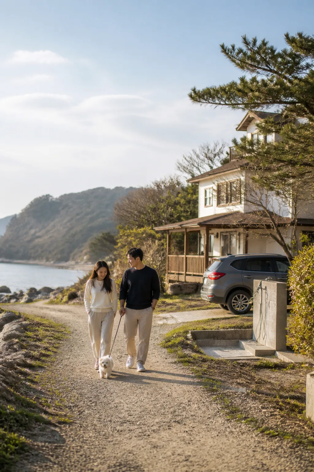 반려동물과 해안 산책을 즐기는 여행객과 부안펜션 주변 자연 풍경