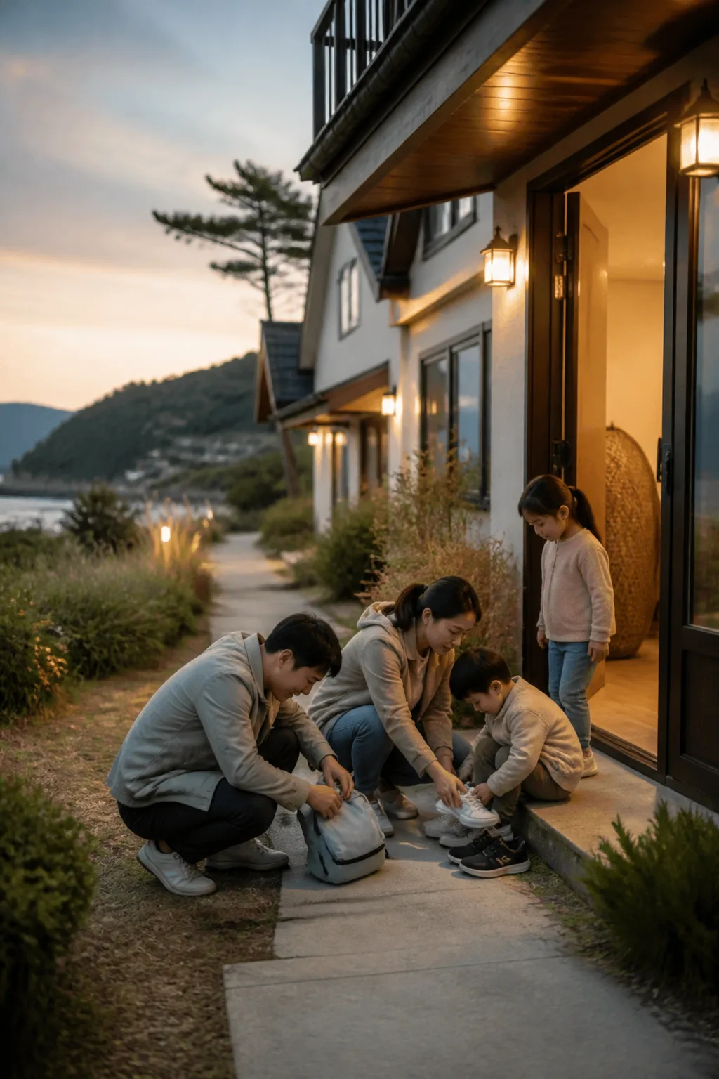 해안 산책 뒤 부안펜션 현관에서 여행 장비를 정리하는 가족 여행객