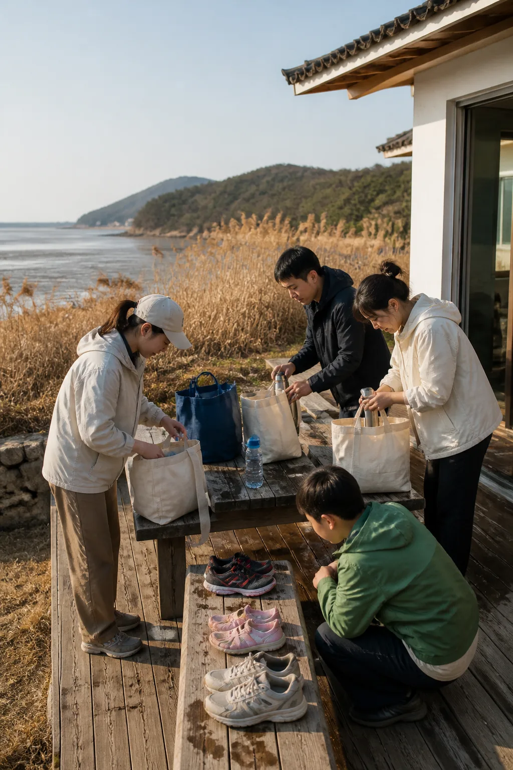 해안 산책 뒤 장비를 정리하는 부안펜션 여행객과 서해안 자연 풍경