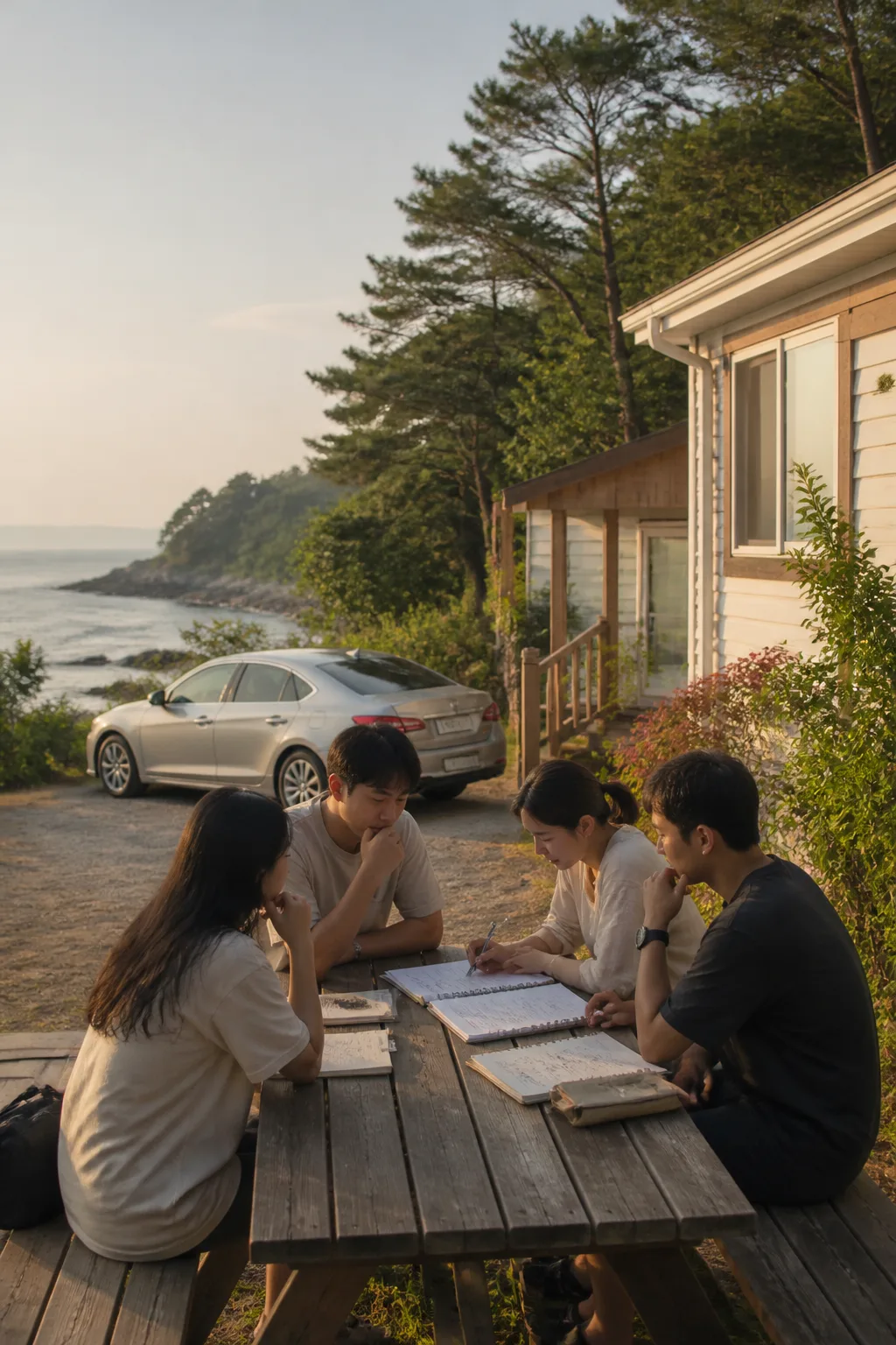 부안펜션 객실과 주차·취사 조건을 확인하며 해안 여행을 준비하는 가족 여행 장면