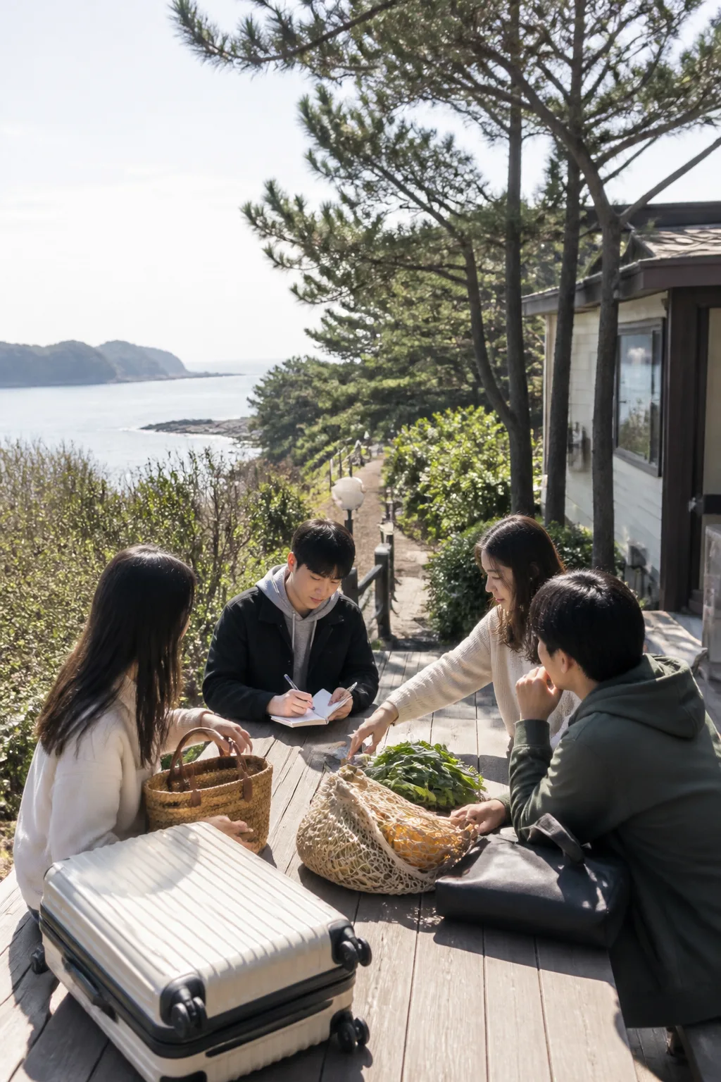 부안펜션 주변 해안에서 여행 비용과 장보기 목록을 정리하는 가족·친구 여행 일행