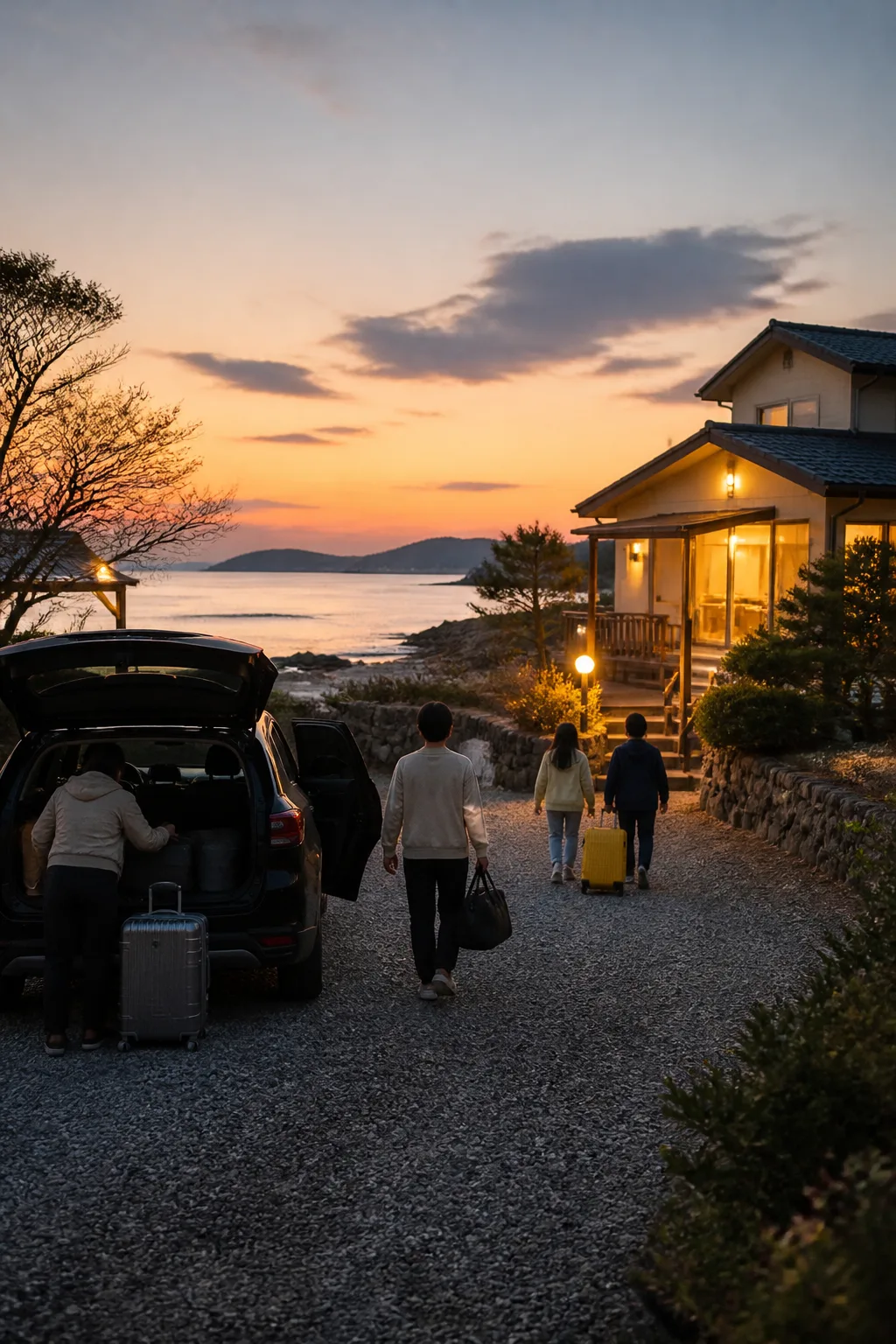 해 질 무렵 부안 해안 펜션에 도착해 짐을 내리는 여행객과 바다 풍경