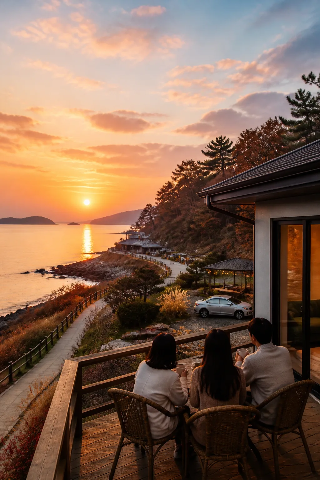 조용한 해안 풍경과 독립된 휴식 공간이 보이는 부안펜션 여행 장면