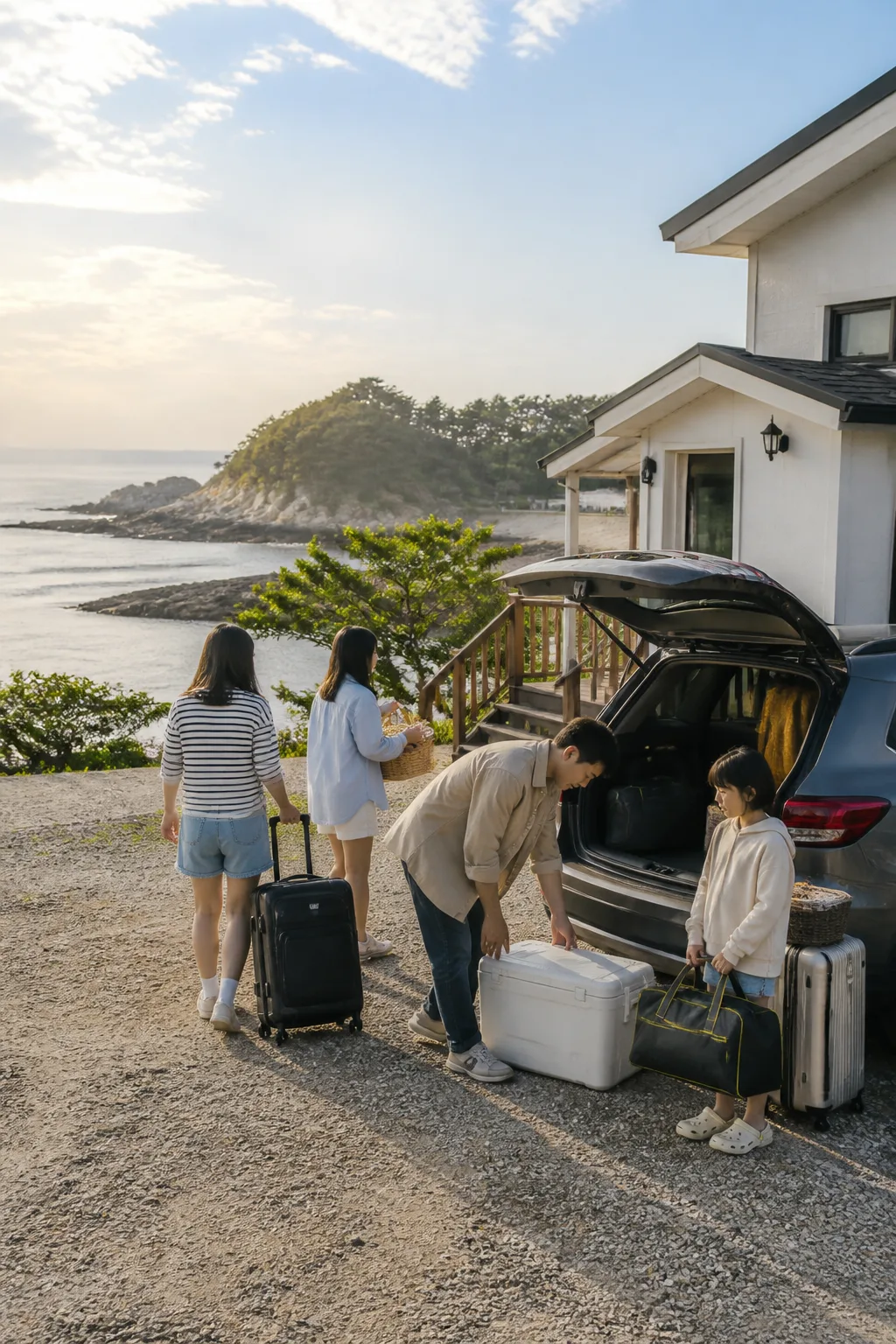 해안 산책용품과 여행 가방을 정리하는 부안펜션 가족 여행 장면